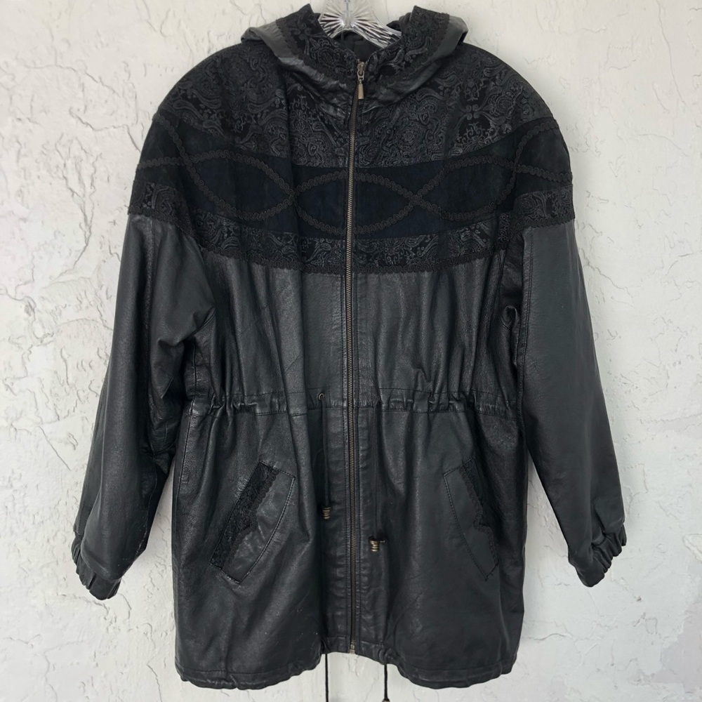 VINTAGE Hooded Black Long Length Paisley Suede Leather Jacket Size Large